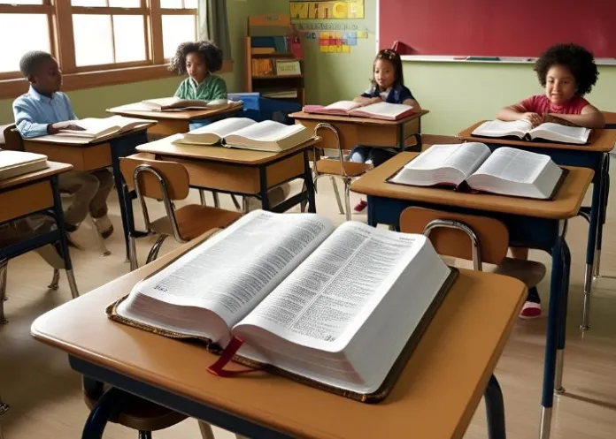 Biblias nas bancadas de uma sala de aula foto canva ia
